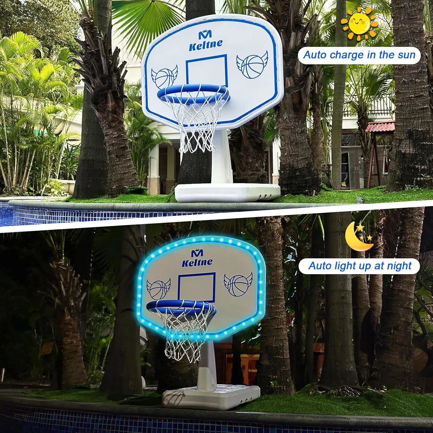LED Pool Basketball Hoop Poolside, Oversized Water Basketball Hoop with Solar Colorful Lights, 34"x34"x42.2" Light Up Swimming Pool Basketball Hoops for Kids Adults, with 2 Balls and Pump.