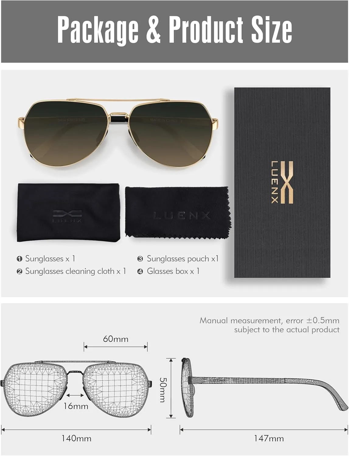 LUENX Aviator Sunglasses for Men Women Polarized New Shades Large Metal Frame - UV 400 Protection