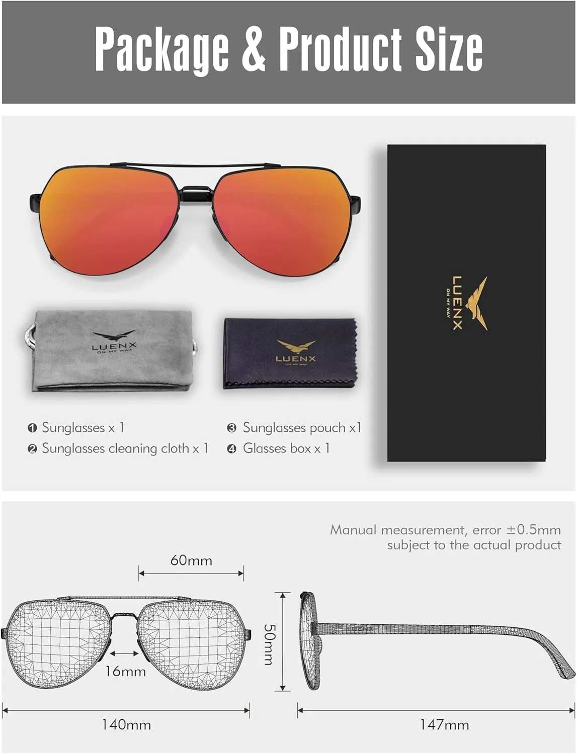 LUENX Aviator Sunglasses for Men Women Polarized New Shades Large Metal Frame - UV 400 Protection