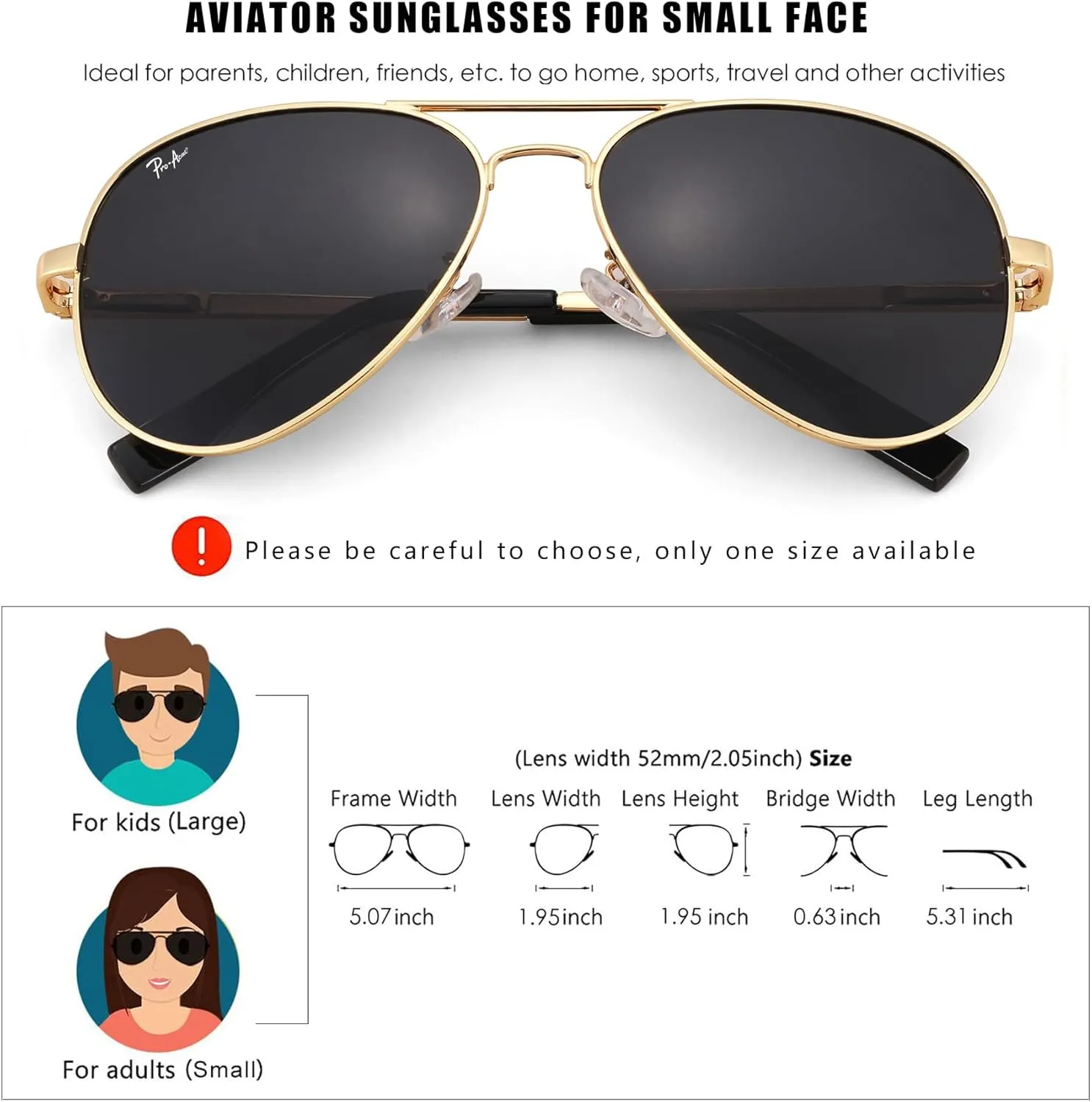 Pro Acme Kids Aviator Sunglasses for Boys Girls, Polarized Small Face for Youth Juniors Age 3-18, with Two Sizes 50MM 52MM