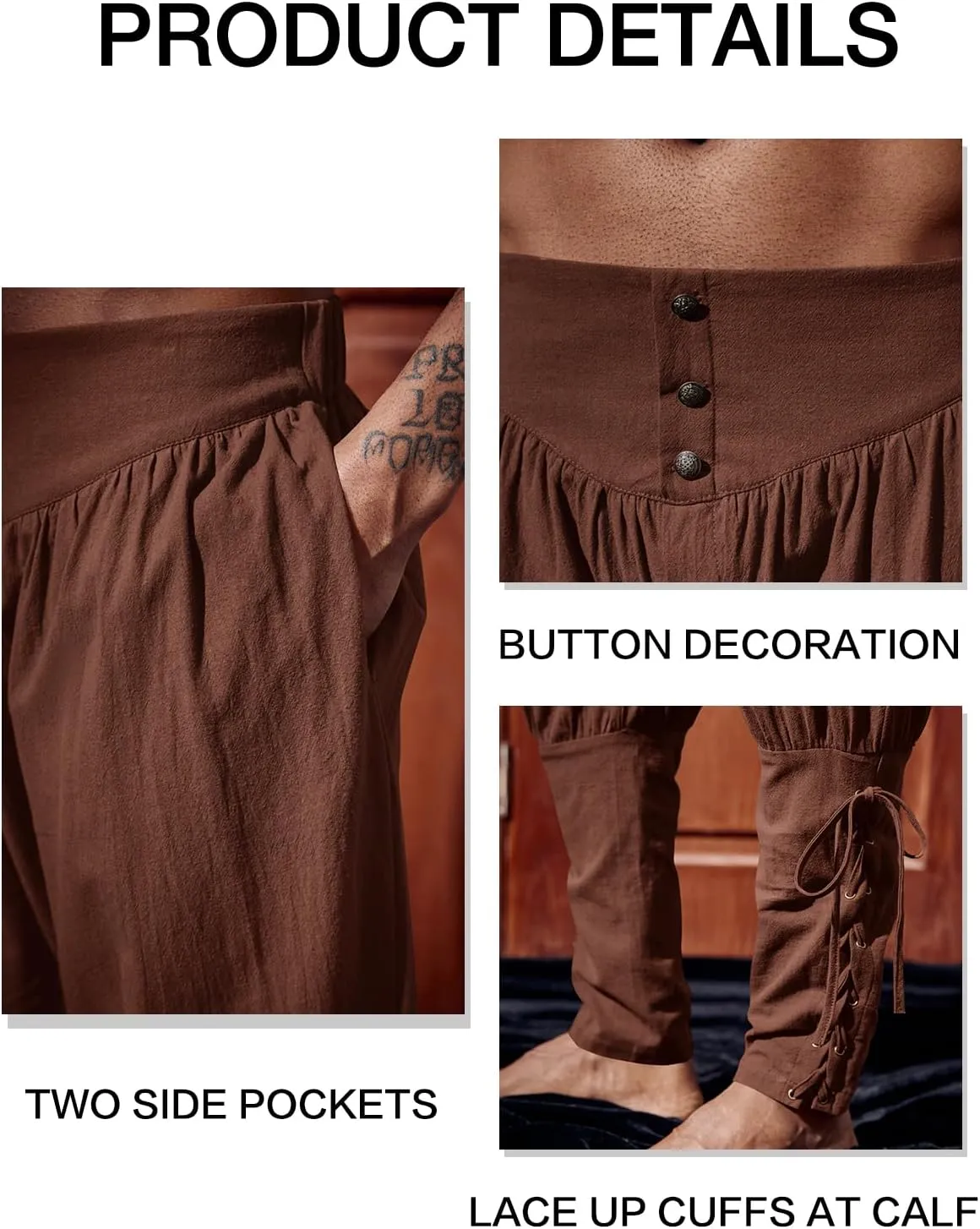 Runcati Mens Medieval Ankle Pants Renaissance Viking Pirate Lace Up Tapered Halloween Linen Costume Trousers