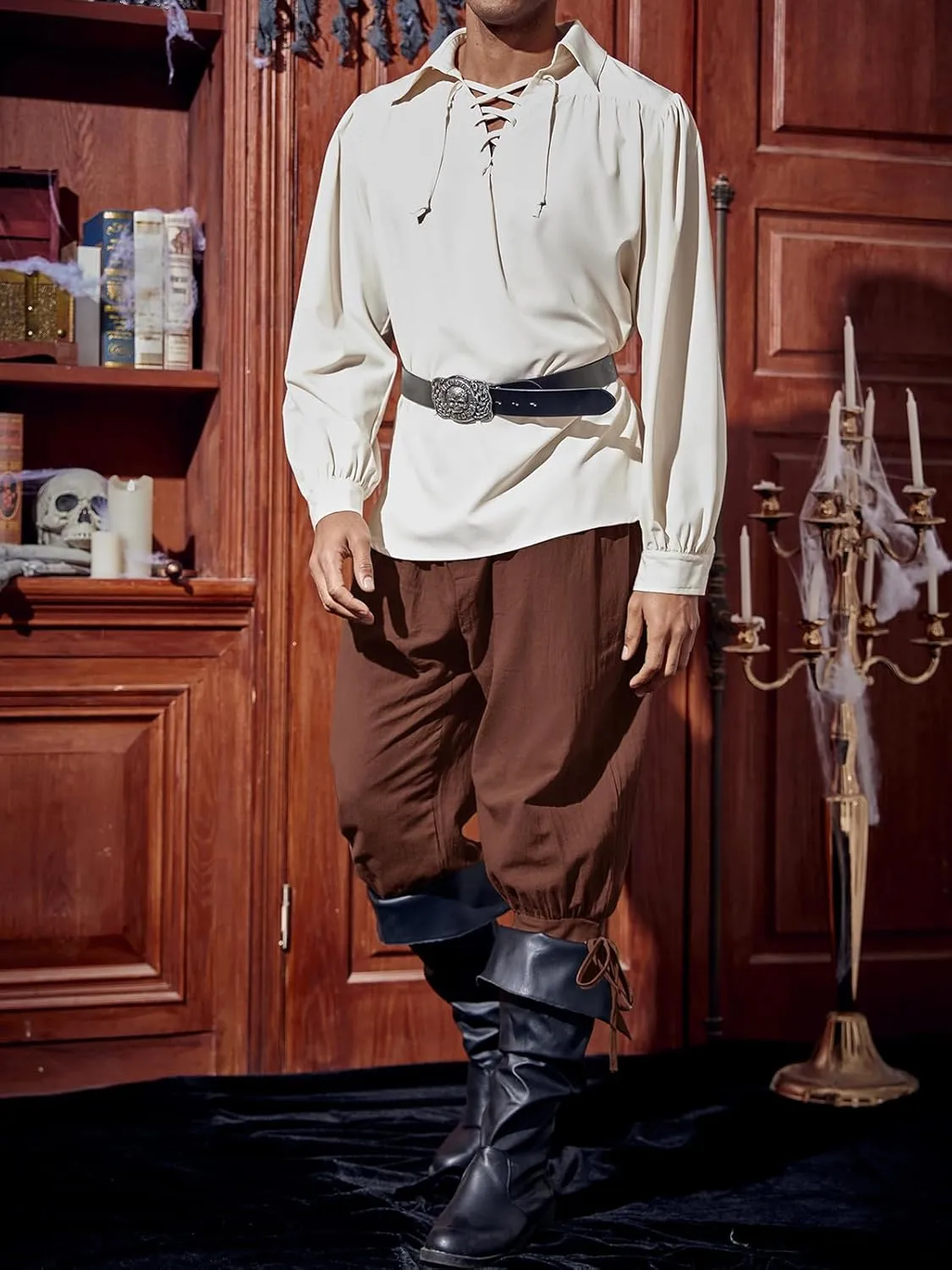 Runcati Mens Medieval Ankle Pants Renaissance Viking Pirate Lace Up Tapered Halloween Linen Costume Trousers