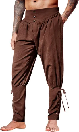 Runcati Mens Medieval Ankle Pants Renaissance Viking Pirate Lace Up Tapered Halloween Linen Costume Trousers