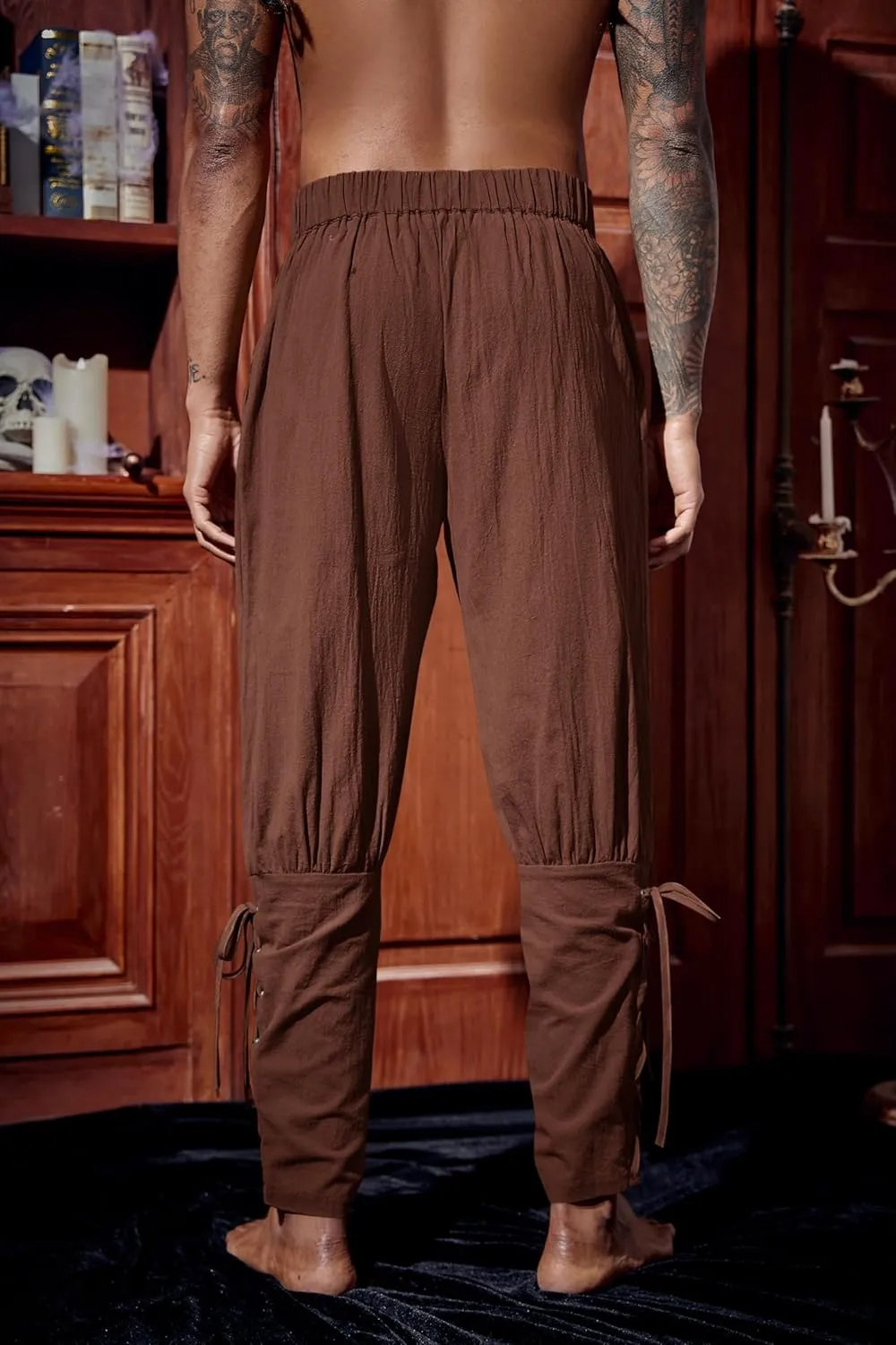 Runcati Mens Medieval Ankle Pants Renaissance Viking Pirate Lace Up Tapered Halloween Linen Costume Trousers