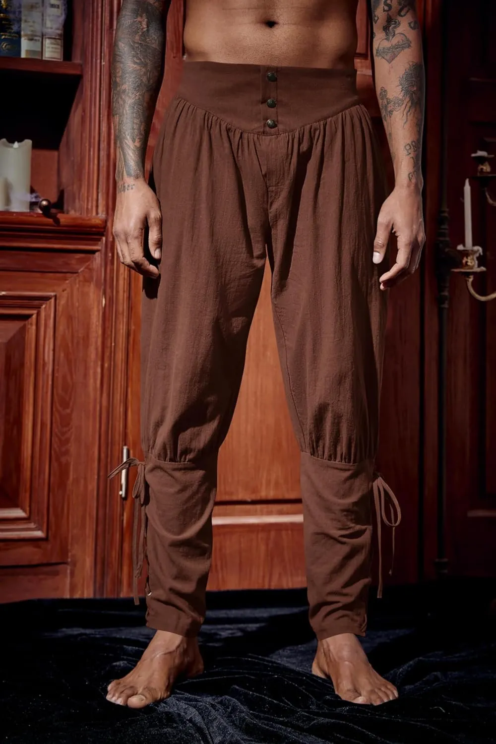 Runcati Mens Medieval Ankle Pants Renaissance Viking Pirate Lace Up Tapered Halloween Linen Costume Trousers