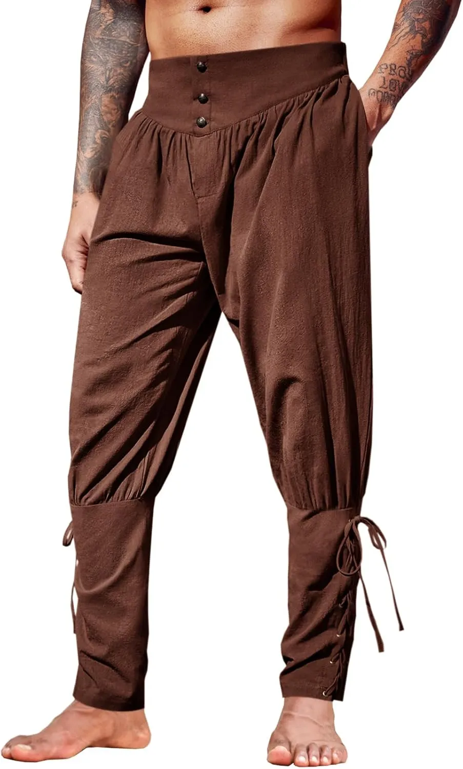 Runcati Mens Medieval Ankle Pants Renaissance Viking Pirate Lace Up Tapered Halloween Linen Costume Trousers
