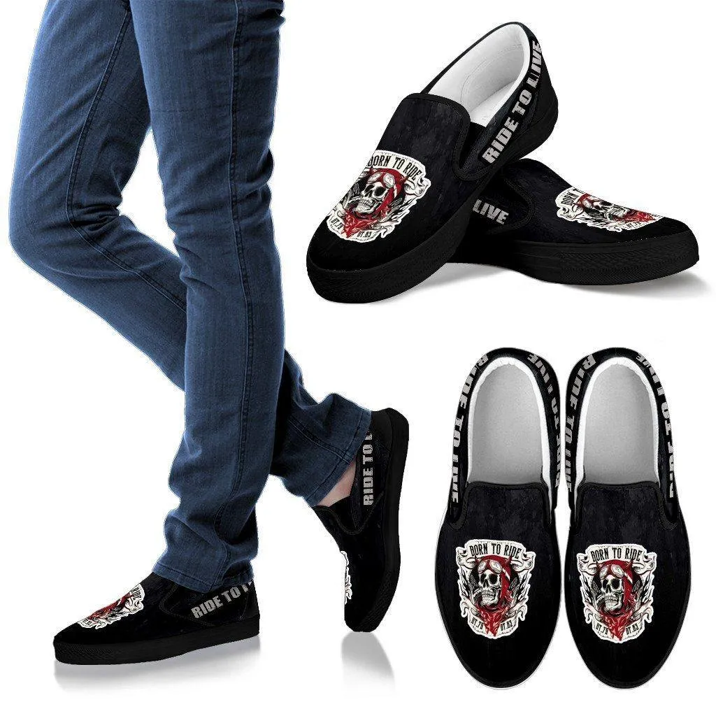Skull Born to Ride, Ride to Live Slip-On Shoes for Him & Her, Canvas, Black
