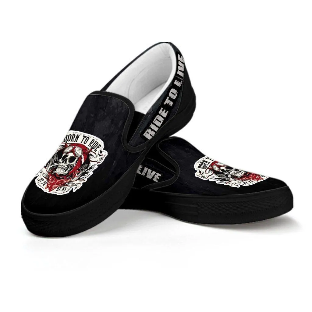 Skull Born to Ride, Ride to Live Slip-On Shoes for Him & Her, Canvas, Black