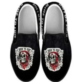 Skull Born to Ride, Ride to Live Slip-On Shoes for Him & Her, Canvas, Black