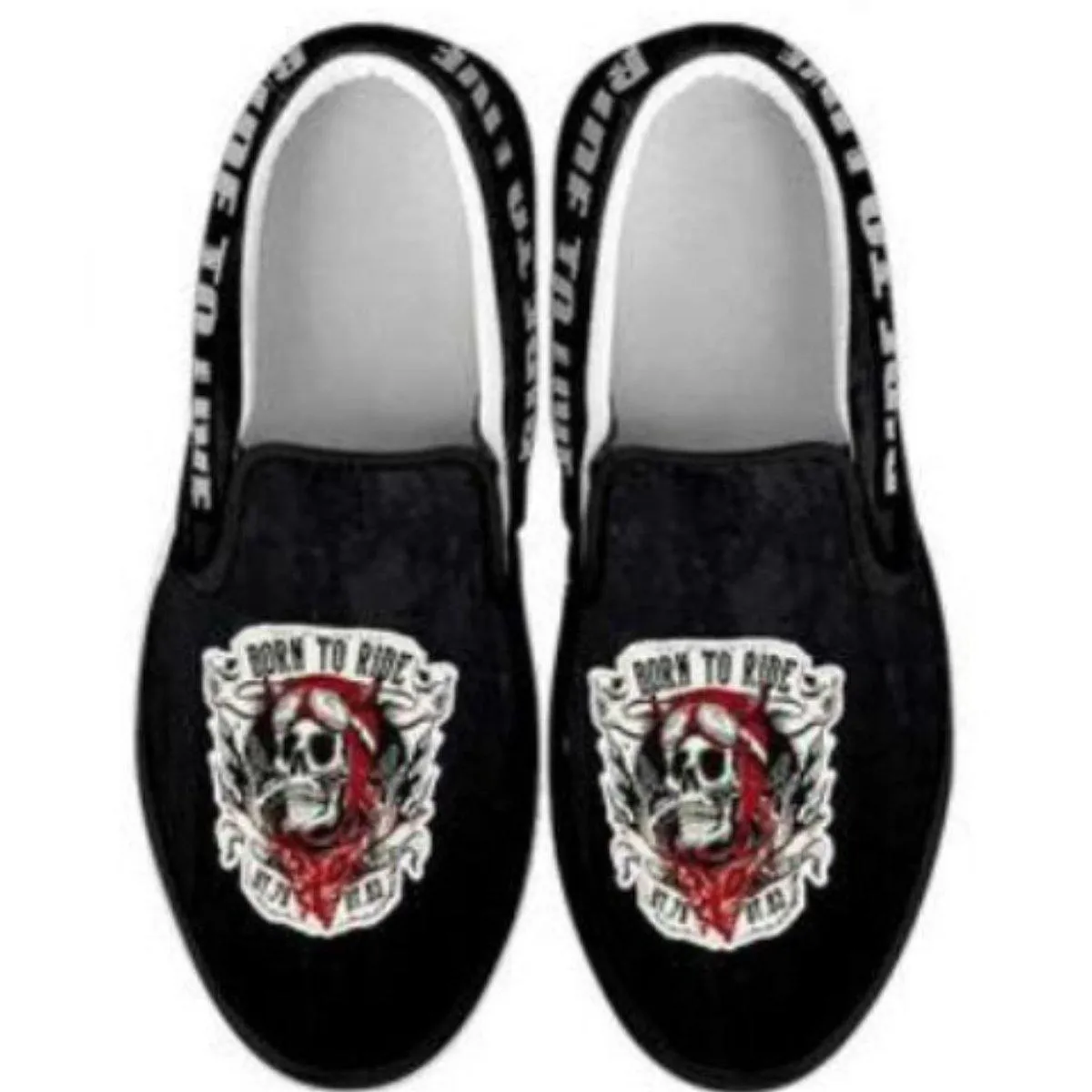 Skull Born to Ride, Ride to Live Slip-On Shoes for Him & Her, Canvas, Black