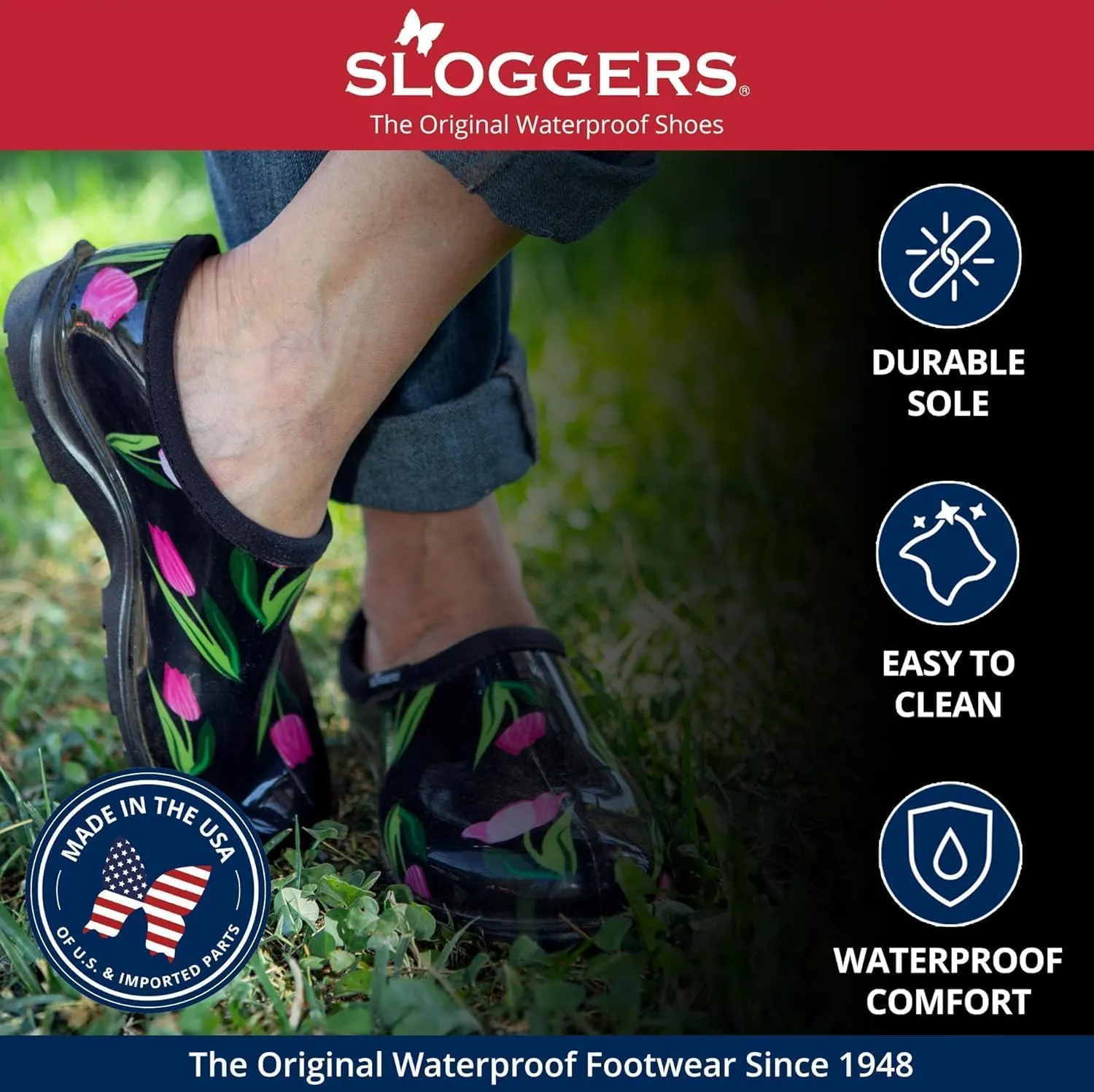 Sloggers Original Waterproof Rain and Garden Shoe for Women Outdoor Slip-On Garden Clog - Made in The USA with Premium Comfort Insole and Arch Support - Polka Dot Print Black and White, Size 8