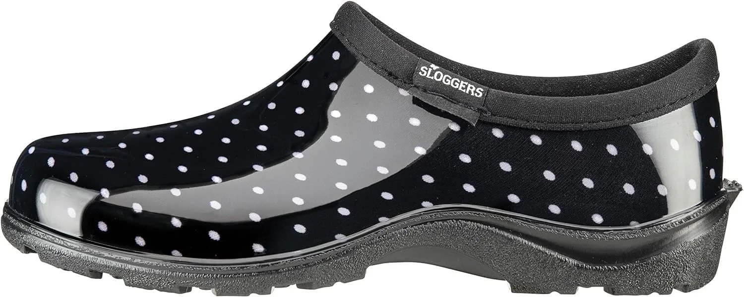 Sloggers Original Waterproof Rain and Garden Shoe for Women Outdoor Slip-On Garden Clog - Made in The USA with Premium Comfort Insole and Arch Support - Polka Dot Print Black and White, Size 8