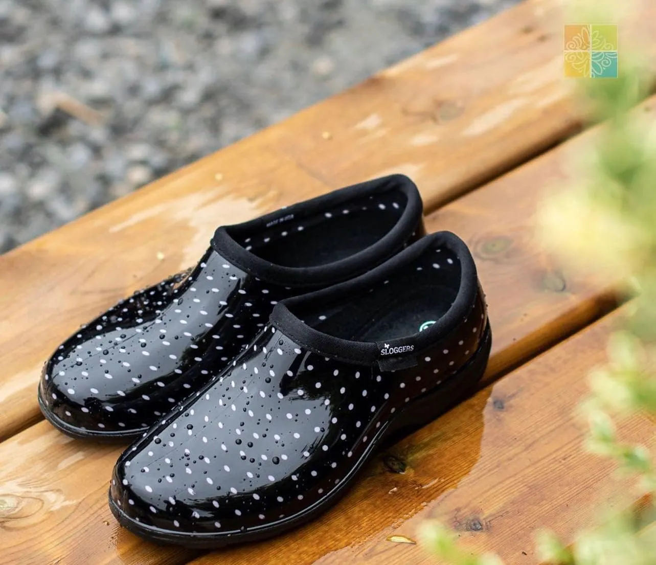 Sloggers Original Waterproof Rain and Garden Shoe for Women Outdoor Slip-On Garden Clog - Made in The USA with Premium Comfort Insole and Arch Support - Polka Dot Print Black and White, Size 8